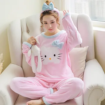 Naujas Žiemos Flanelė šilta pižama korėjos kawaii animacinių filmų Pajama Mados pijama mujer Laisvalaikio Namuose Medžiaga pižamos moterims Sleepwear