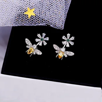 Naujausias Micro-nustatyti, cirkonis geltona cirkonis mažų bičių gėlių saulutė kasdien laukinių moterų 925 silver needle auskarai moterims