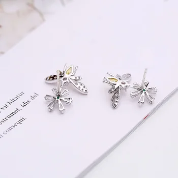 Naujausias Micro-nustatyti, cirkonis geltona cirkonis mažų bičių gėlių saulutė kasdien laukinių moterų 925 silver needle auskarai moterims