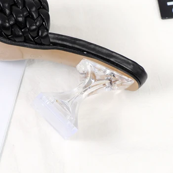 Negabaritinių aukštakulnį šlepetės austi su zigzago kristalų aukštakulniai sandalai 2021 m. vasarą juodas kvadratas-toe moterų batai