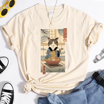 Neko Ramen Ukiyoe Print T Marškinėliai Moterims Cute Kačių Animacinių Filmų Vasaros Drabužių Trumpomis Rankovėmis Streetwear Prarasti Negabaritinių Tee Viršūnes Moteris