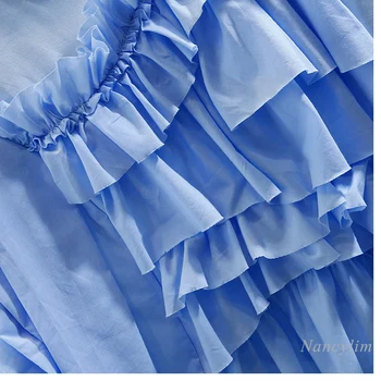 Nereguliarus Saldus Plisuotas Raukiniai Susiuvimo Apvalios Kaklo trumpomis Rankovėmis Marškinėliai Moterų Prarasti-Atitikimo Viršūnių Mėlyna Balta Tees
