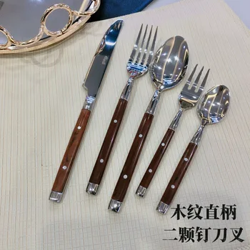 Nerūdijančio plieno peilis, šakutė, šaukštas, vakarų stalo įrankiai, medienos grūdų rankena peilis ir šakutė, viešbučio prekių peilis ir šakutė