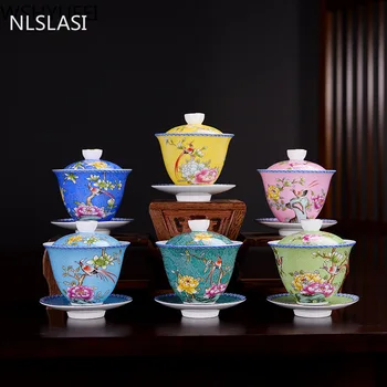 NLSLASI Jingdezhen keramikos Gaiwan Išskirtinį Emalio Spalvos Rankų darbo Arbatos Dubenėlį, Rankomis dažyti gėlių ir paukščių Teaset 150ml Drinkware