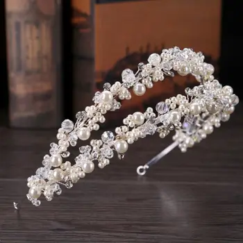 Nuotaka Lankelis Tiara Bridal Crown Rankų Darbo Pearl Dvigubo Sluoksnio Vestuvių Headpieces