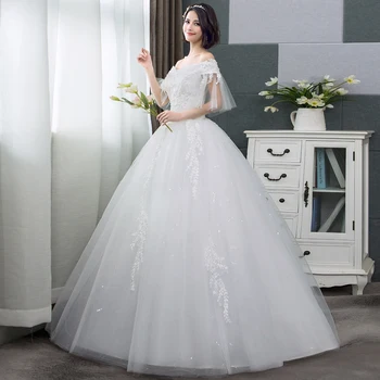 Off Pečių Vestuvių Suknelė 2021 Nauja Nuotaka Chalatai Duobute korėjos Stiliaus Paprasta Valtis Kaklo Didelio dydžio Nėrinių Vestuvių Suknelės