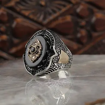 Oniksas 925 Sterlingas Sidabro Vyrų Žiedas Su Mini Juodas Cirkonis, Gamtos Didelis Oniksas, rankų darbo, Pagaminti Turkijoje, Derliaus Dovana