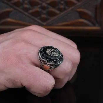 Oniksas 925 Sterlingas Sidabro Vyrų Žiedas Su Mini Juodas Cirkonis, Gamtos Didelis Oniksas, rankų darbo, Pagaminti Turkijoje, Derliaus Dovana