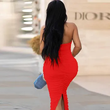 Oranžinė/raudona Ruched Plisuotos Sexy Ilgas Šalis Suknelė Moterims Apynasrio Kaklo Backless Tvarstis Suknelė Elegantiškas Backless Tuščiaviduriai Atostogų Suknelė
