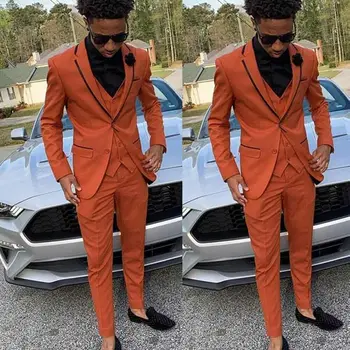 Oranžinė Slim Fit Mens Kostiumai Smokingas Jaunikis Kostiumai Vyrams Vestuvių Kostiumas Vyrams 2020 Metų Vyras Švarkas Įpjovomis Atvartas 3 Gabalas Prom Užsakymą