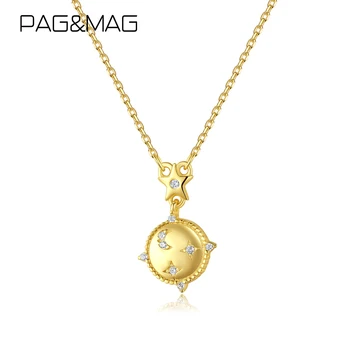 PAG&MAG Aišku, Cirkonis Moon Star Pakabukas & Karoliai Moterų 14k Aukso Spalvos Sterlingas Sidabro Karoliai Fine Jewelry