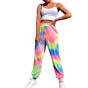 Pantalon de bėgiojimas avec teinture neon pour femme, survetement daug, taille haute, Ilgas, Streetwear supilkite lete 2021,a lacets