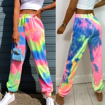 Pantalon de bėgiojimas avec teinture neon pour femme, survetement daug, taille haute, Ilgas, Streetwear supilkite lete 2021,a lacets