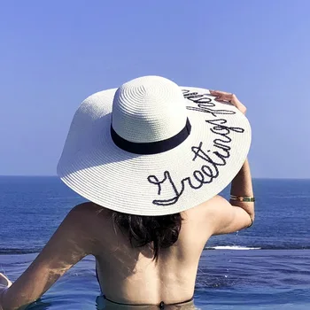 Paplūdimio skrybėlę moterų vasaros didelis kraštų raidžių meilė širdies skydelis skydelio lankstymo išsiuvinėti padengti kelionės šiaudų kibiro kepurę
