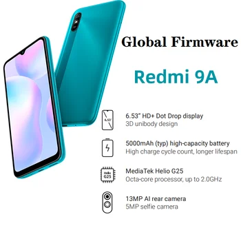Pasaulio ROM Xiaomi Redmi 9A 4GB 64GB Išmanųjį telefoną 5000mAh Didelis Baterijos MTK Gel G25 Octa-core 6.53 HD+ Ekranas 13MP AI Fotoaparatas