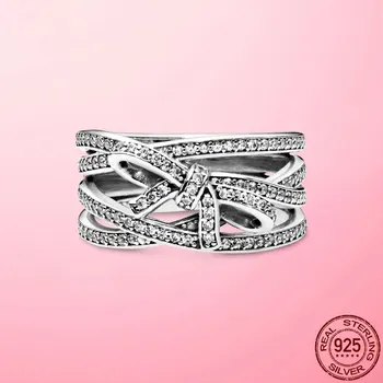 Pasisekė, Dantytais Žiedais Nekilnojamojo 925 Sterlingas Sidabro Bowknot Moterų Žiedai Moterų Vestuvės Vestuvinis Žiedas Papuošalai Anel Draugei Dovana