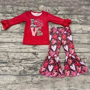 Pavasario Valentino Diena Stiliaus Mergina Boutique Komplektus MEILĖS Raudona Marškinėliai Širdis Bell Bottom Kelnės Baby Girl Komplektai