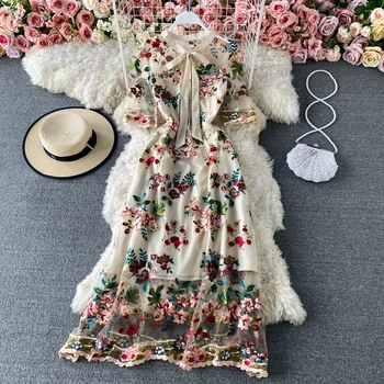 Pavasario Vasaros Derliaus Siuvinėjimo Suknelė Moterims, Elegantiškas Gėlių Office Suknelės Ponios Peteliškę Saldus Prancūzijos Ilgas Chalatas, Vestidos Mujer