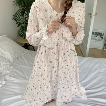 Pavasario vasaros gėlių spausdinti nightgowns moterims medvilnės sleepdress raukiniai ilgomis rankovėmis mini suknelė sleepwear namų drabužių Y314