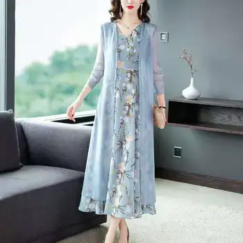 Pavasario Vasaros Suknelė Tiktų Ir Moterims Rinkiniai Šifono 2 Gabalas Elegantiškas Švarkas Gėlių Spausdinti Rankovių Korėjos Ilgos Suknelės Office Lady X27