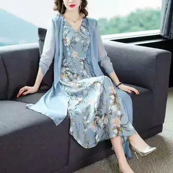 Pavasario Vasaros Suknelė Tiktų Ir Moterims Rinkiniai Šifono 2 Gabalas Elegantiškas Švarkas Gėlių Spausdinti Rankovių Korėjos Ilgos Suknelės Office Lady X27