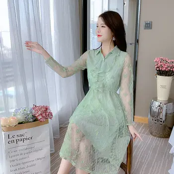 Pavasarį nauja suknelė 2021 naujas ilgomis rankovėmis nėriniai moterų šviesos prabangos ponios high-end temperamentas ilgas sijonas polo apykakle sijonas