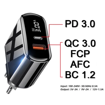 PD QC 3.0 USB Įkroviklis LED Skaitmeninis Displėjus, Greito Įkrovimo Adapteris, Skirtas 