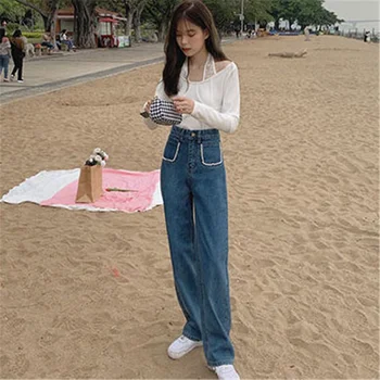 Perlų Apdaila Kišenės Paaukštintu Liemeniu Džinsai Tiesūs Kojų Kelnės Korėjos Mados Atsitiktinis Pločio Kojų Džinsus Saldus Laukinių Derliaus Moterų Kelnės