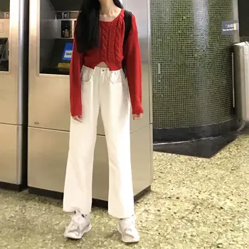 Pieštuku Streetwear Rudenį 2021 Korėjos Pavasario Džinsinio Audinio Kelnės Vintage Mados Ruožas Elastinga Moterų Aukšto Juosmens Džinsai Denim Kelnės