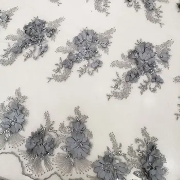 Pilka Sidabro Rankų darbo Puošnios Nėrinių Audinys Siuvinėjimui su Blizgančiais 3D Gėlių Aplikacijos Aukštos Kokybės prancūziška Vestuvinė Suknelė, Net Tiulio