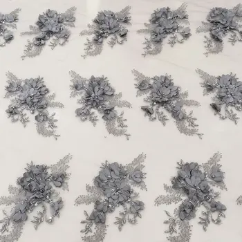 Pilka Sidabro Rankų darbo Puošnios Nėrinių Audinys Siuvinėjimui su Blizgančiais 3D Gėlių Aplikacijos Aukštos Kokybės prancūziška Vestuvinė Suknelė, Net Tiulio