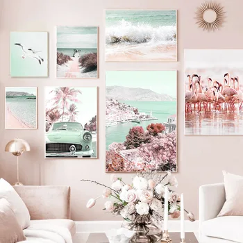 Pink Paplūdimys, Jūros Bangos Flamingo Gėlė Automobilį Sienos Meno Tapybos Drobės Šiaurės Plakatai Ir Spausdina Sienos Nuotraukas Gyvenimo Kambario Dekoro