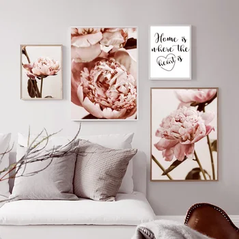 Pink Peony Gėlių Ramus Sweet Home Citatos Sienos Meno Tapybos Drobės Plakatai Ir Spausdina Šiaurės Gyvenamųjų Namų Puošybai Nuotraukas