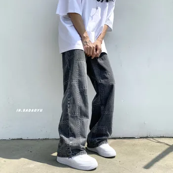 Pleistras Plataus Kojų Džinsai Vyrų Mados Retro Harajuku Baggy Jeans Vyrams Streetwear Prarasti Hip-Hop ' Straight Kojų Džinsai Kelnės Mens 2XL