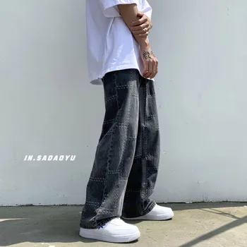 Pleistras Plataus Kojų Džinsai Vyrų Mados Retro Harajuku Baggy Jeans Vyrams Streetwear Prarasti Hip-Hop ' Straight Kojų Džinsai Kelnės Mens 2XL