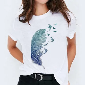 Plunksnų Raštas Viršuje Moterų Vientisų Spalvų Modelis Atspausdintas Apvalios Kaklo trumpomis Rankovėmis Atsitiktinis marškinėliai Kieto Spalvų Viršų Plius Dydis Viršūnės