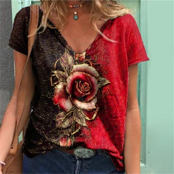 Plus Size Gėlių Marškinėliai Moterims Vasaros Atsitiktinis Steetwear Trumpas Rankovės Estetinės Vintage Drabužių Rose Spausdinti Y2k Mados Grafinis Tee