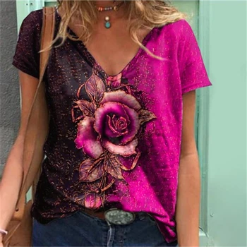 Plus Size Gėlių Marškinėliai Moterims Vasaros Atsitiktinis Steetwear Trumpas Rankovės Estetinės Vintage Drabužių Rose Spausdinti Y2k Mados Grafinis Tee