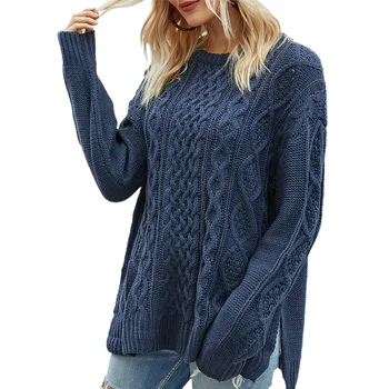 Ponios laisvas megztinis megztas megztinis Ponios rudens ir žiemos ponios megztų gėlių padalinta apvalios kaklo megztinis viršų