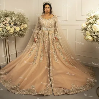 Prabangus Aukso Kaftan Morrocan Vestuvių Suknelės Su Appliques Derliaus Ilgomis Rankovėmis Arabijos Musulmonų Vestuvių Suknelės 2021 Princesė Nuotaka