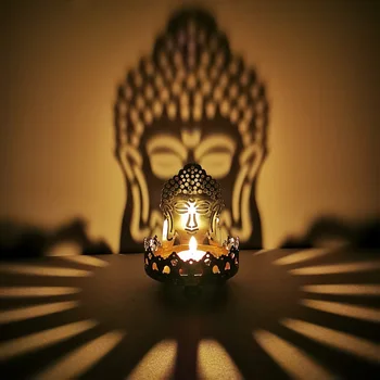 Projekcijos Žvakidė Buda Sviesto Aliejaus Lempa Sėdi Buda Lotus Funkcija Metalo Tuščiaviduriai Raižyti Šviesos ir Šešėlių Menas Žvakidė