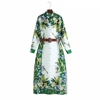 PSEEWE Pavasario 2021 Za Žalia Gėlių Spausdinti Midi Marškinėliai Suknelė Moteris Diržo ilgomis Rankovėmis Suknelė Moterims Atsitiktinis skeltukais Elegantiškas Suknelės