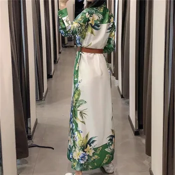 PSEEWE Pavasario 2021 Za Žalia Gėlių Spausdinti Midi Marškinėliai Suknelė Moteris Diržo ilgomis Rankovėmis Suknelė Moterims Atsitiktinis skeltukais Elegantiškas Suknelės
