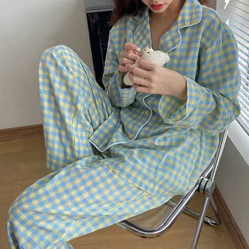 Puimentiua Moterų Pižama Pavasario Pajama Komplektai Sleepwear Pledas Homewear Kostiumas Kišenėje Ilgomis Rankovėmis Pajama Mygtuką Pyjama Polka Dot
