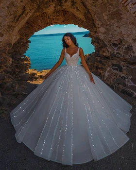 Putojantis Vestuvių Suknelės, Puošnios Blizgančiais Kristalais Vestuvinės Plius Dydis Vestuvių Chalatai Dubajuje Diržai Su Organza Užtrauktukas Atgal