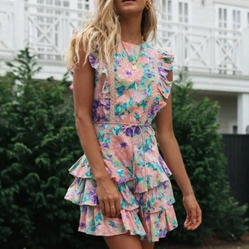 Pynimas Gėlių Kratinys be Rankovių Suknelės Moterims, O-kaklo Backless Aukšto Juosmens Mini Suknelė Moterų 2021 M. Vasaros Paplūdimio Ponios Drabužiai