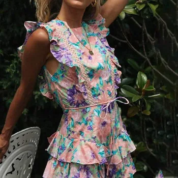 Pynimas Gėlių Kratinys be Rankovių Suknelės Moterims, O-kaklo Backless Aukšto Juosmens Mini Suknelė Moterų 2021 M. Vasaros Paplūdimio Ponios Drabužiai