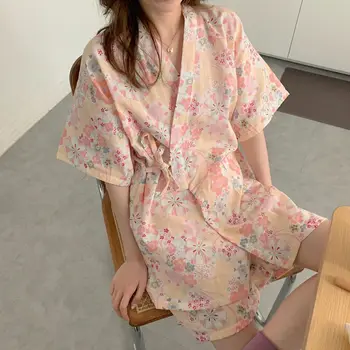 QWEEK Kimono Moterų, Mergaičių, Kawaii Kambarys Dėvėti Vasarą 2021 Pižama Gėlių Spausdinti Pižamos Trumpas Rankovės Pijamas Dviejų dalių Komplektas naktiniai drabužiai