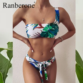 Ranberone Nauji moteriški maudymosi kostiumėlį Vieną Petį Gėlių Moterų Bikini Moterims maudymosi Kostiumėliai, 2 Gabalas Maudymosi Kostiumai Monokini Spausdinti Monokini