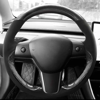 Ranka Prisiūta Minkšta Juodos spalvos Anglies Pluošto, natūralios odos Juoda Suede Automobilio Vairo Dangtelis Tesla model 3 2017-2020
